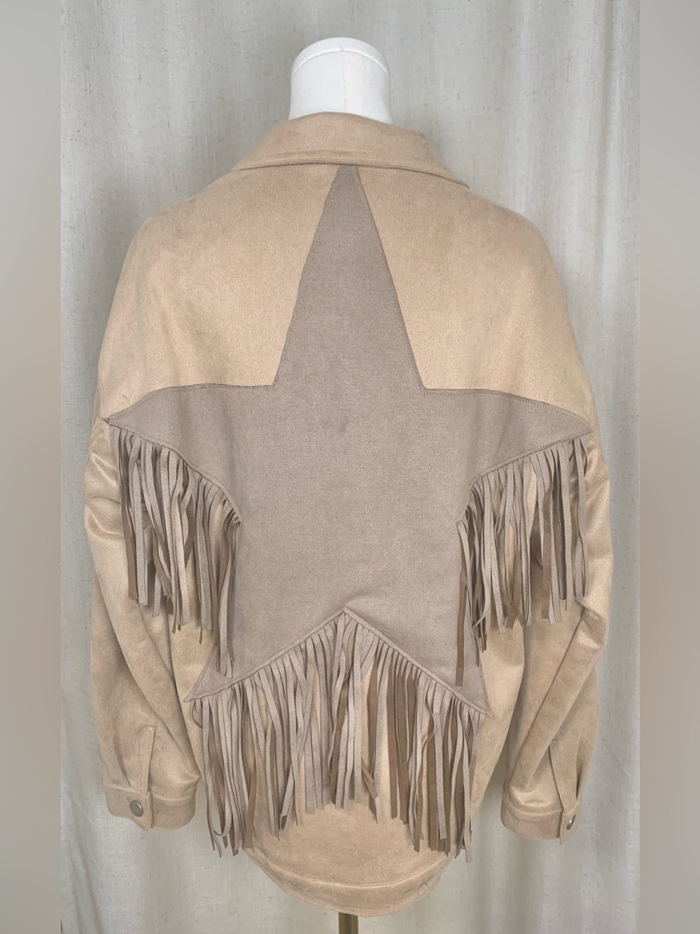 Fantastic Fawn Faux Suede Fringe Star Western Boho Jacket Tan Button Front | S